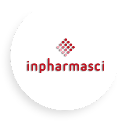 Visual representing the Inpharmasci logo in a shaded white circle