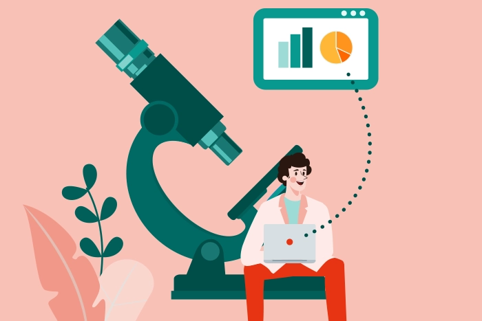 Illustration for the medical device sector showing a microscope with a pharmacist sitting with a computer on his lap