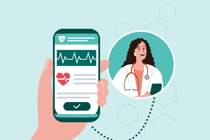 illustration of a hand holding a phone with an electrocardiogram