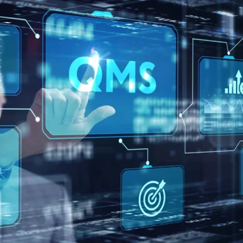 Visual representing a person pointing at virtual screens including a QMS signifier